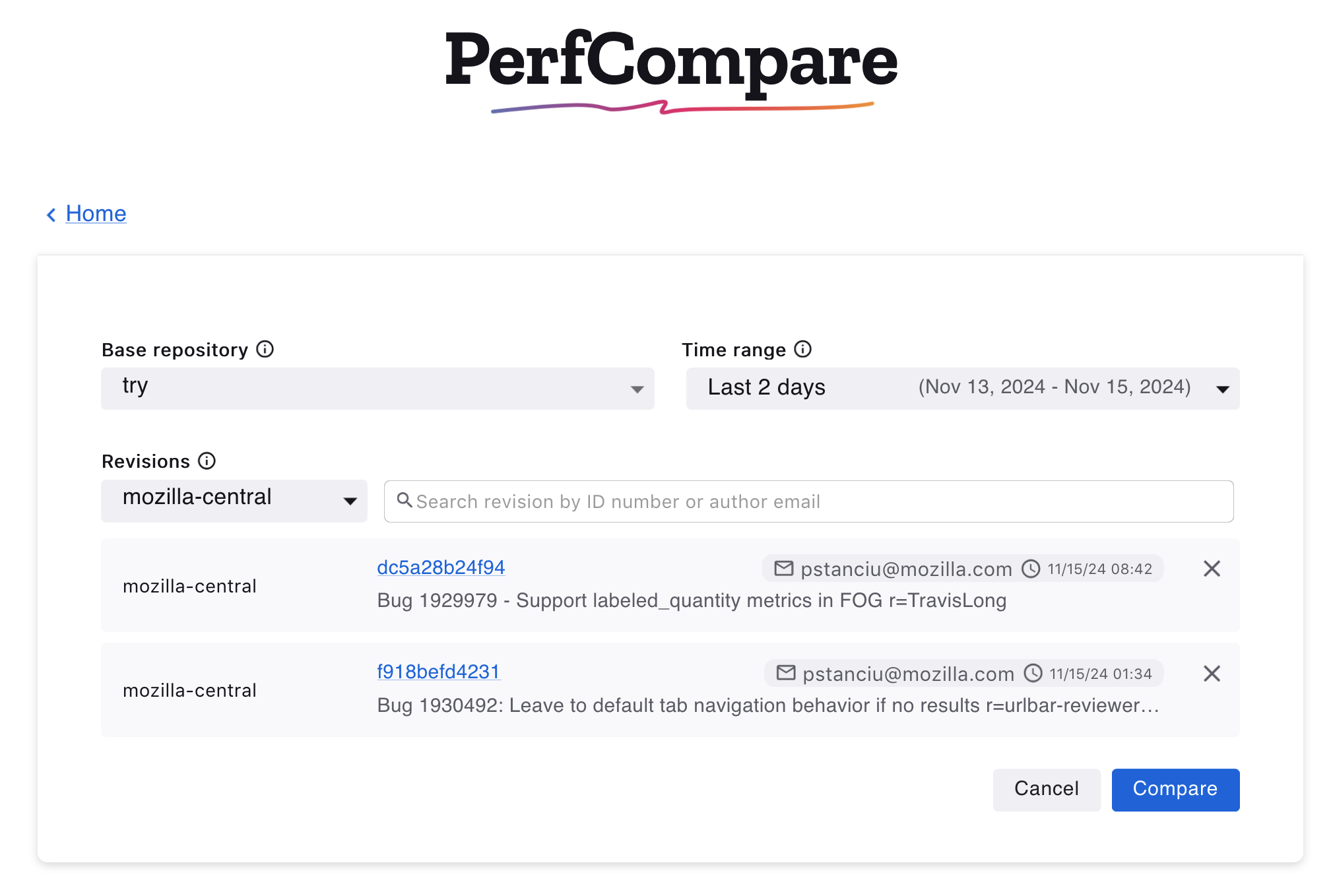 PerfCompare Results Page Compare over Time Edit Entry View